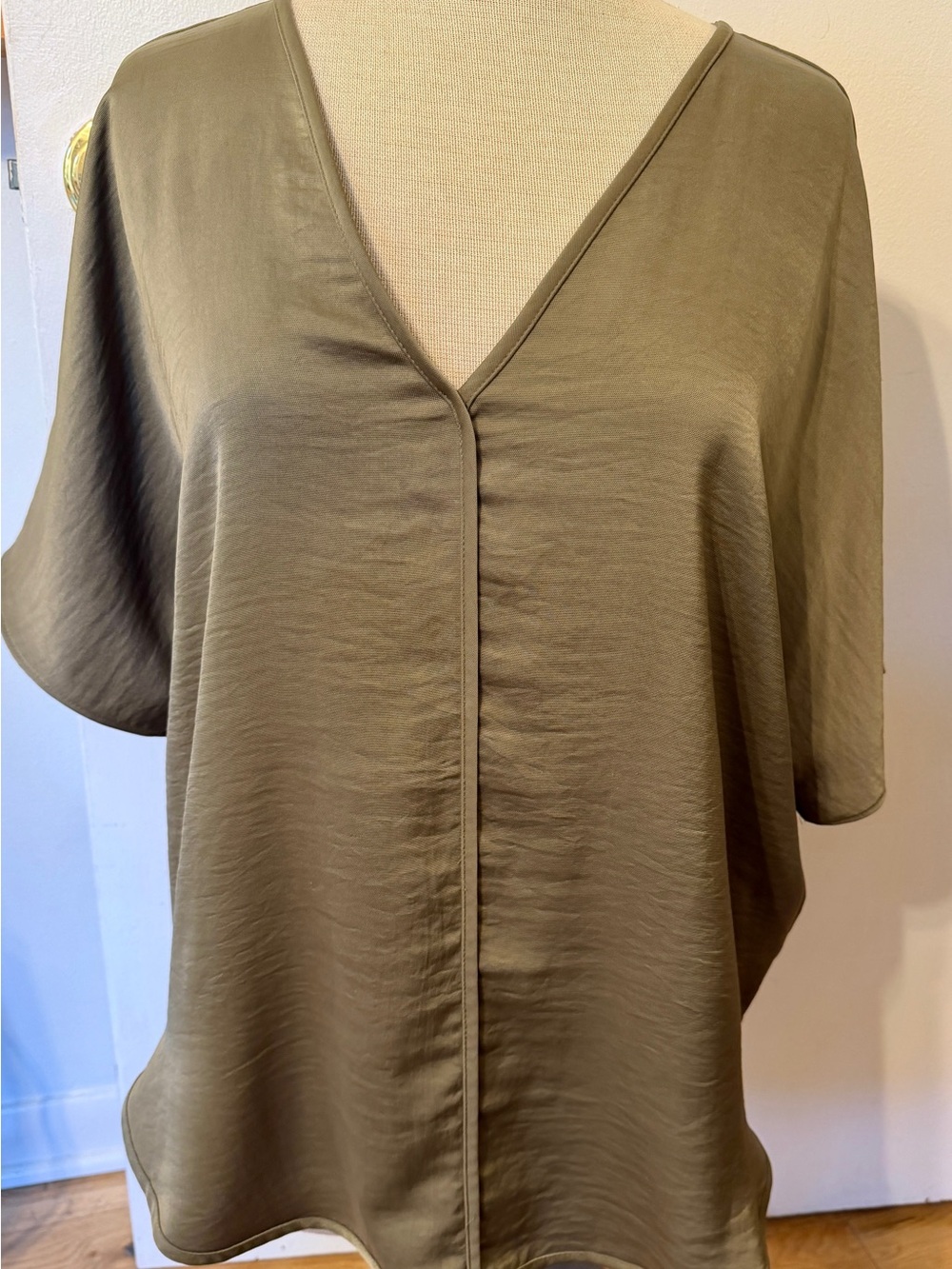 DKNY Olive V-Neck Short Sleeved Blouse in Woven Fabric with Light Sheen